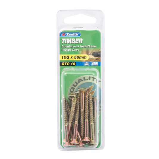 Zenith Timber Screws - 10g x 50mm - Gold Passivated - 16 Pack - Auzzistore