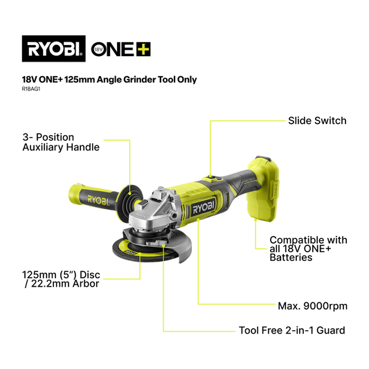 Ryobi 18V ONE+ Angle Grinder Tool Only - 125mm - 9000rpm - Cordless – view 2 - Auzzistore