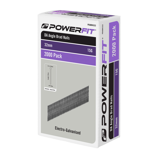 Powerfit 32mm Electro Galvanised DA Angled Brad Nails - 2000 Pack - Corrosion Resistant - 15-Gauge - Auzzistore