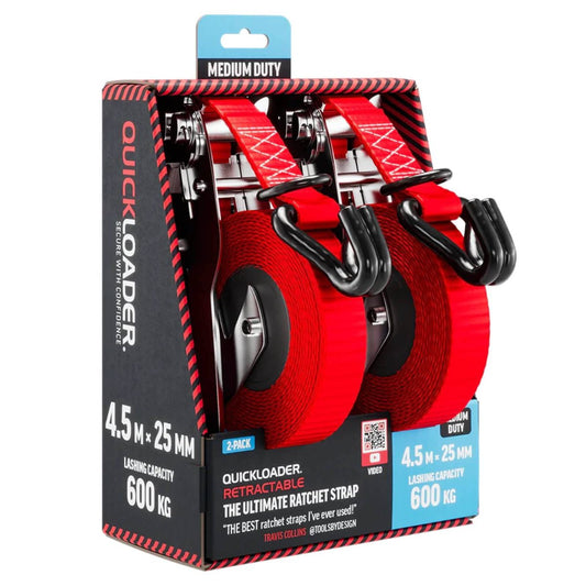 Quickloader Retractable Ratchet Strap Tie Down - 4.5m x 25mm - 600kg - 2 Pack - Durable Webbing – view 2