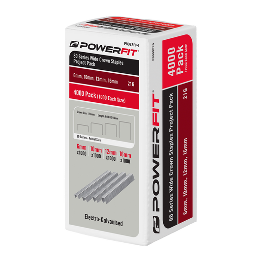 Powerfit 80 Series Electro Galvanised Wide Crown Staples - 4,000 Pack - 21 Gauge - 12.8mm Crown Width - Corrosion Resistant - Auzzistore