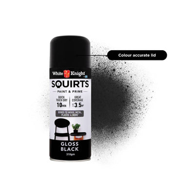 White Knight Squirts Black Gloss Spray Paint 310g Solvent Based Durable