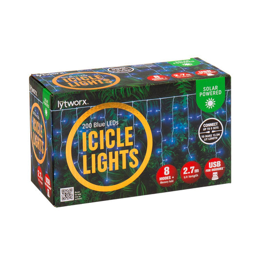 Lytworx Blue Icicle Lights - 200 LEDs - 2.7m - Solar & USB Connectable - Auzzistore