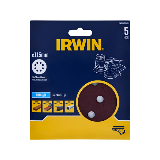 Irwin 115mm Quick Fit Random Orbital Sanding Disc 5 Pack - 180 Grit - Efficient Sanding - Auzzistore