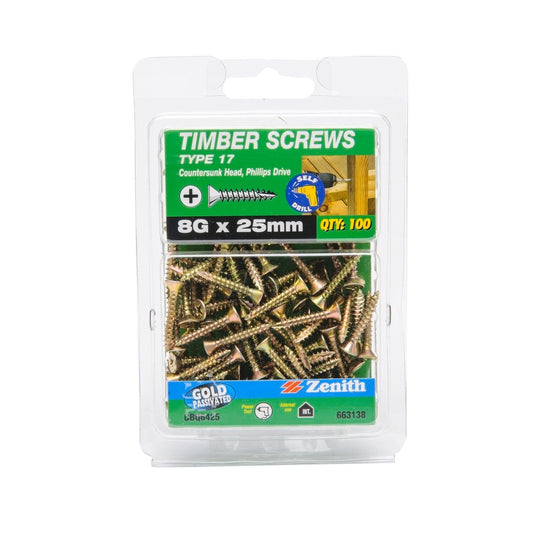 Zenith Type 17 Timber Screws 8g x 25mm Gold Passivated 100 Pack - Auzzistore
