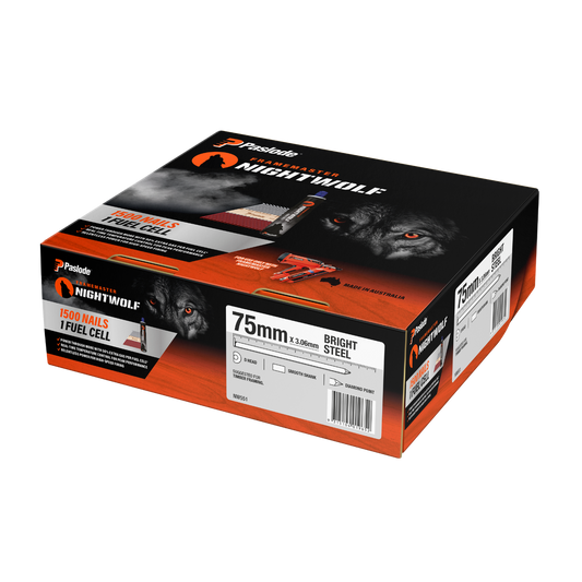 Paslode Nightwolf D Head Smooth Nail 1500 Pack - 75 x 3.06mm - Bright Steel - Reduced Jams - Auzzistore