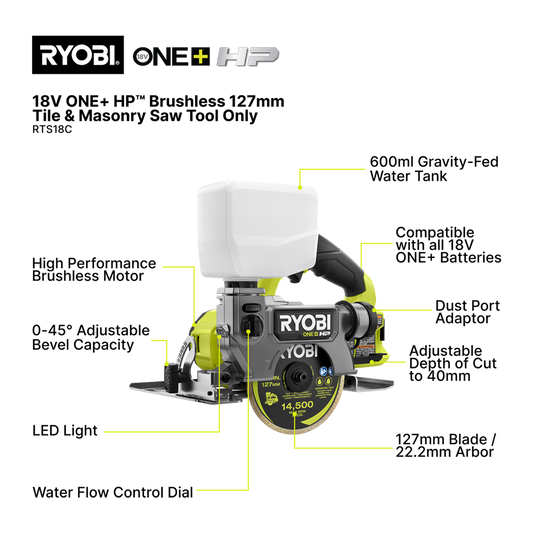 Ryobi 18V ONE+ HP Brushless Tile and Masonry Saw 127mm - Precision Cutting – view 2 - Auzzistore
