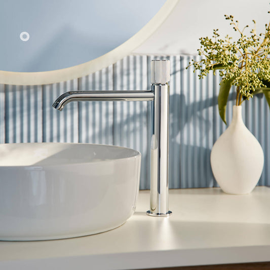 Mondella 25mm Chrome Vessel Basin Mixer - Textured Handle - Curved Spout