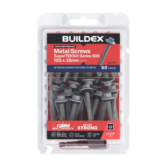 Buildex 12g x 38mm Galvanised Superteks Screws - 50 Pack - Self-Drilling - Corrosion Resistant - Auzzistore