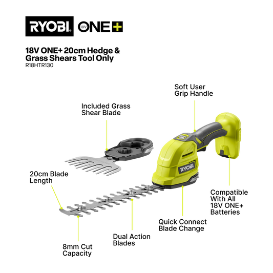 Ryobi 18V ONE+ Hedge Grass Shears R18HTR130 - 200mm Blade - Tool Only – view 2