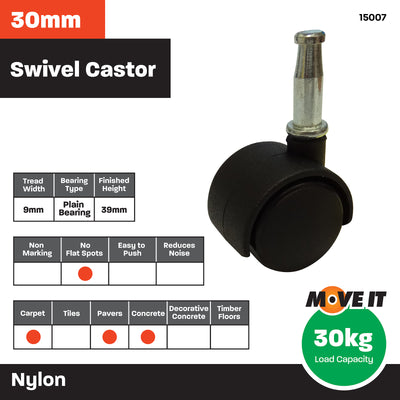 Move It 30mm Hooded Socket Furniture Castor 2 Pack Nylon Durable