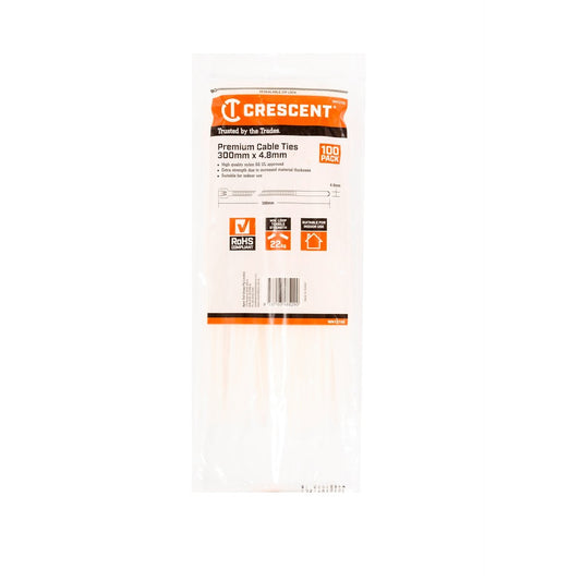 Crescent Cable Ties - 300mm x 4.8mm - White - 100 Pack - Nylon - Self-Locking