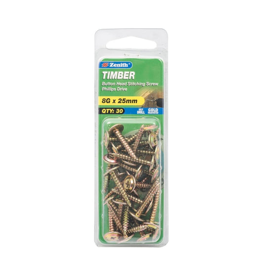 Zenith Timber Stitching Screws - 8g x 25mm - Gold Passivated - Button Head
