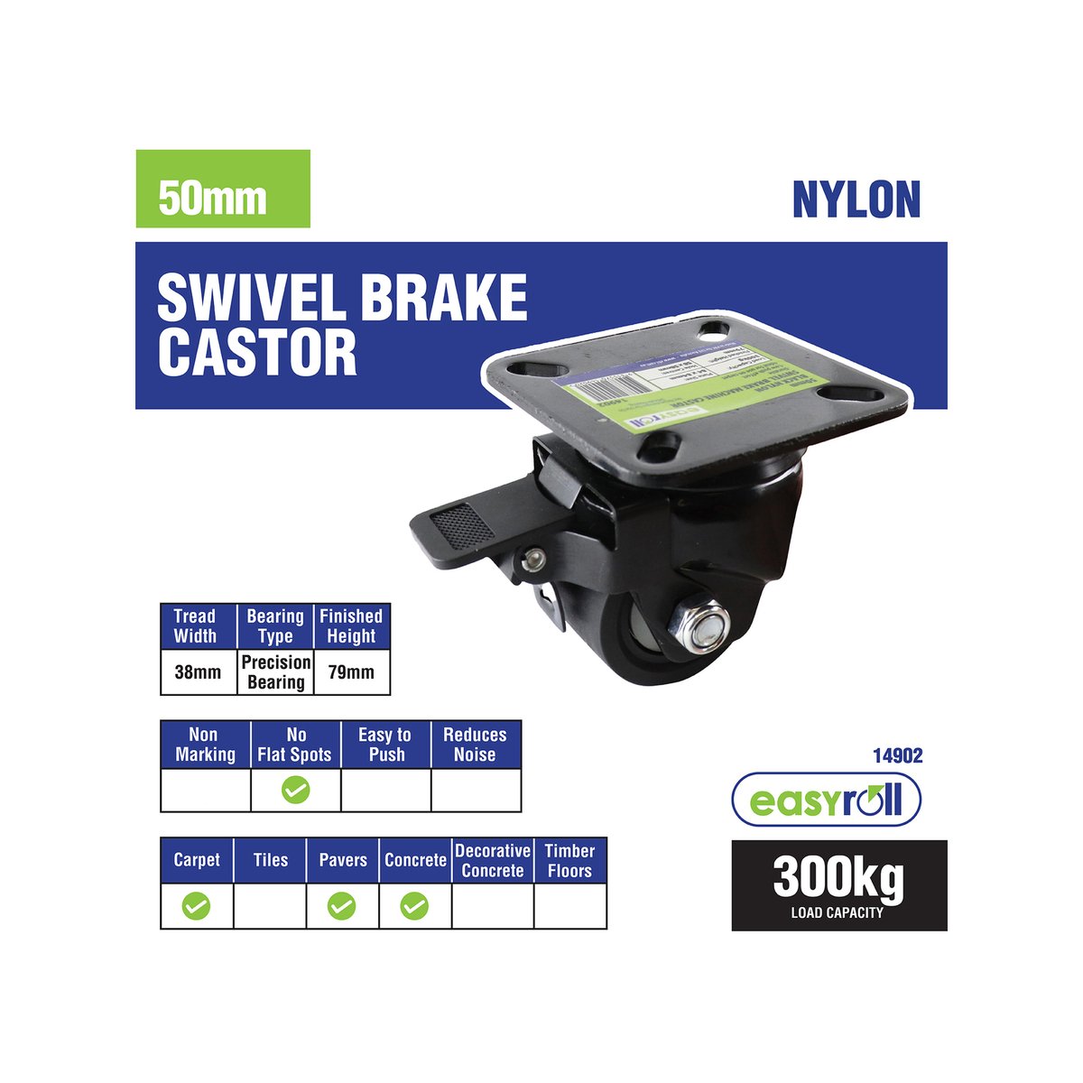 Easyroll 50mm Black Swivel Brake Castor Nylon 300kg Load Capacity