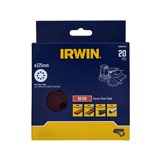 Irwin 125mm Quick Fit Random Orbital Sanding Discs 80 Grit 20 Pack - Medium Stock Removal - Auzzistore