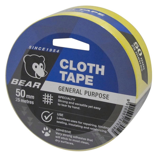 Norton Bear Yellow Cloth Tape - 50mm x 25m - Hand Tearable - Strong Adhesive - Auzzistore