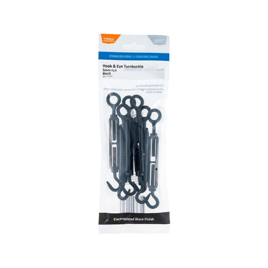 Taskmaster 5mm Black Turnbuckle Hook and Eye 6 Pack - 316 Stainless Steel - Tensioning - Auzzistore