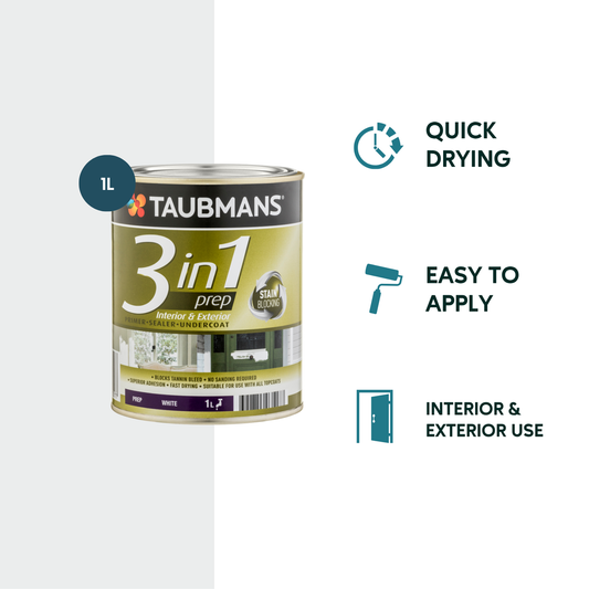 Taubmans 3 in 1 Primer Undercoat Sealer Paint - 1L - White - Fast Drying – view 2 - Auzzistore