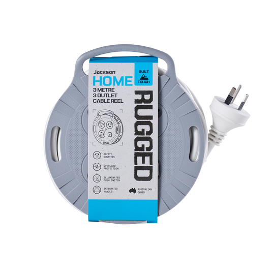 Jackson Rugged 3 Outlet Extension Reel - 3 Metre - Indoor Use - Overload Protection - Auzzistore