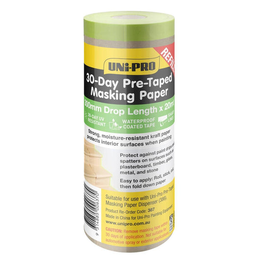 Uni Pro Pre Taped Masking Paper Refill - 300mm x 20mt - 30 Day Clean Removal - Auzzistore