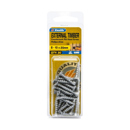 Zenith Timber Screws - 10 x 25mm Galvanised - Coarse Thread - 30 Pack - Auzzistore