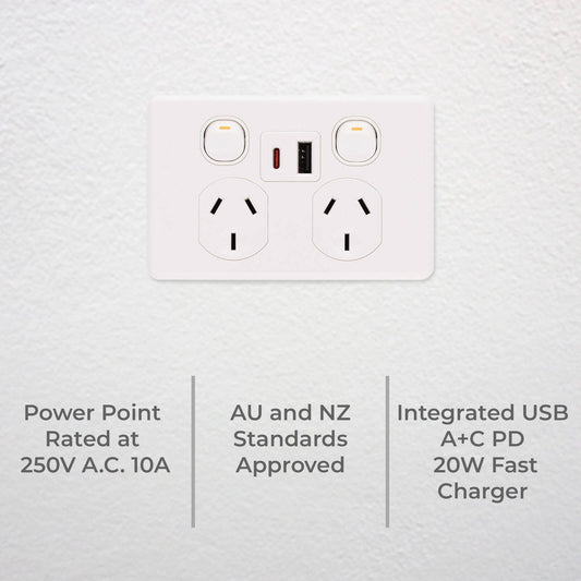 Deta x6 Double Power Point with USB A+C PD20W Fast Charging - 250V 10A - White – view 2 - Auzzistore