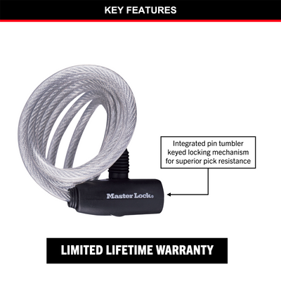 Master Lock Bike Keyed Lock - 1.8m x 8mm Braided Steel - Durable