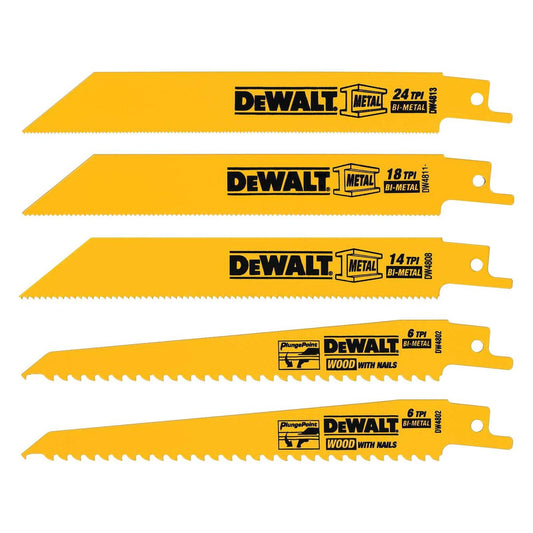 Dewalt 5 Piece Reciprocating Blade Set - Bi-Metal - 150mm x 10mm x 225mm - Durable - Auzzistore
