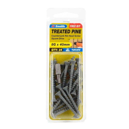 Zenith Treated Pine Screws - 8g x 40mm - Carbon Steel - Tufcote - 25 Pack - Auzzistore
