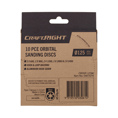 Craftright 125mm Orbital Sanding Discs 10 Pack - Aluminium Oxide - Hook and Loop