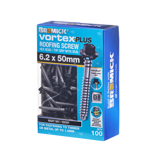 Bremick Vortex Plus Roofing Screw 6.2 x 50mm Hex - Box of 100 - Watertight - Auzzistore