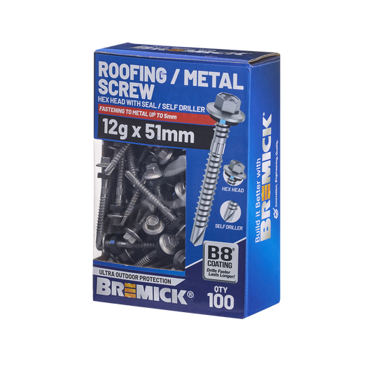 Bremick Hex Roofing Screw 12g x 51mm - Box of 100 - Watertight Seal - Corrosion Resistant - Auzzistore