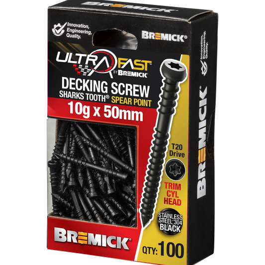 Bremick Decking Screws 10g x 50mm Black Stainless Steel 304 100 Pack - Easy Installation - Auzzistore