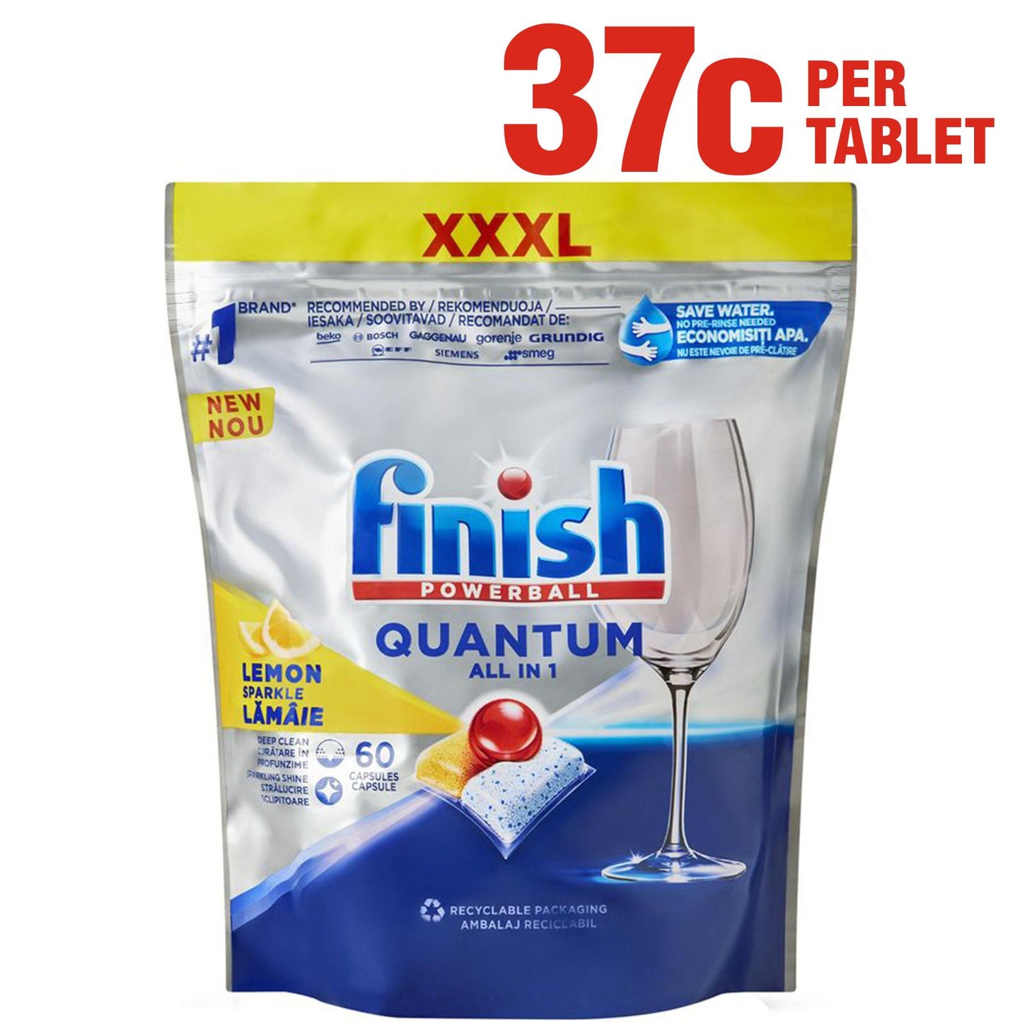 Finish Quantum 60 Pack Lemon Sparkle All-In-One Dishwashing Tablets