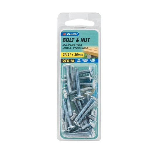 Zenith Mushroom Head Bolt & Nut - 3/16 x 30mm - 18 Pack - Zinc Plated - Auzzistore