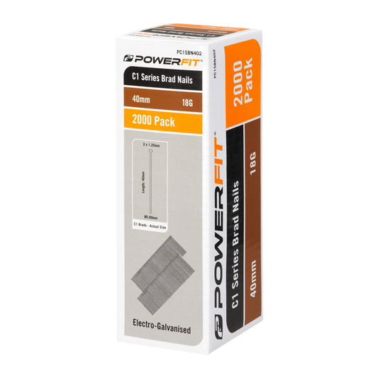 Powerfit 40mm C1 Series Brad Nails - 2,000 Pack - Electro-Galvanised - 18 Gauge - Auzzistore