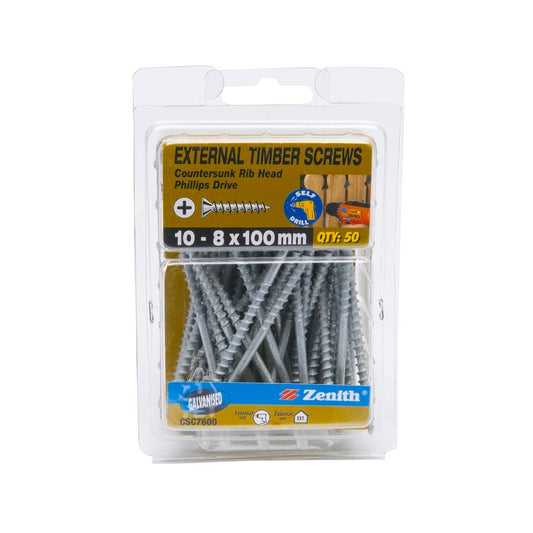 Zenith Timber Screws 10 x 100mm Galvanised 50 Pack Countersunk Ribbed - Auzzistore