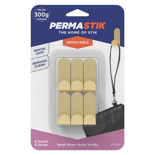 Permastik Small Brass Metal Hooks 6 Pack - 110mm x 170mm - Holds 300g