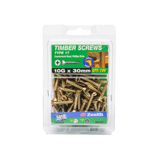 Zenith Timber Screws - 10g x 30mm Gold Passivated - 100 Pack - Auzzistore