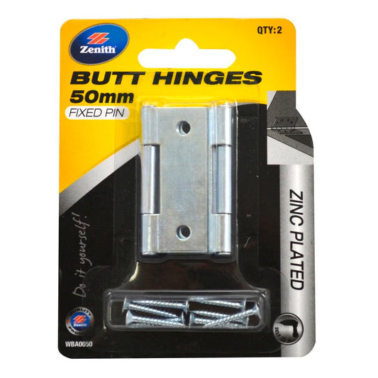 Lane 50mm Zinc Plated Fixed Pin Butt Hinge 2 Pack - Corrosion Resistant