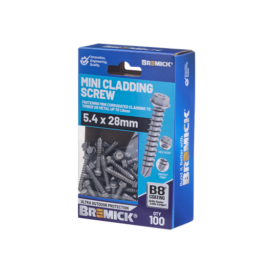 Bremick Mini Cladding Screw 5.4 x 28mm Hex B8 Box of 100 - Corrosion Resistant - Auzzistore