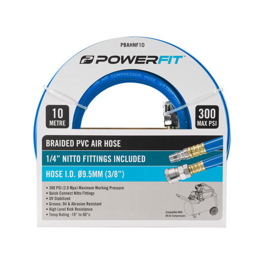 Powerfit 10m Braided Air Hose - Nitto Fittings - ¼” BSP - 300 PSI - Auzzistore