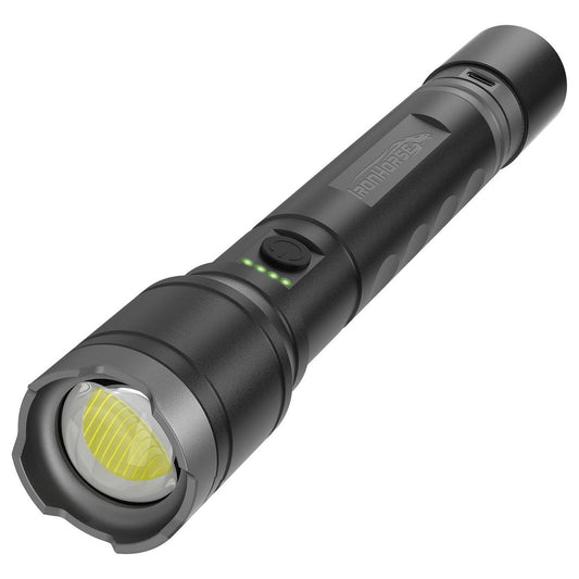 Ironhorse 2200lm Premium Hybrid Dual Power Torch Flashlight - 300mm - Black/Gun Metal - Rechargeable - Adjustable Focus - Water Resistant