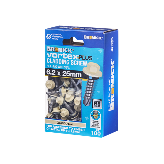 Bremick Vortex Plus Cladding Screw 6 2 x 25mm - Hex B8 - Box of 100 - Watertight - Auzzistore