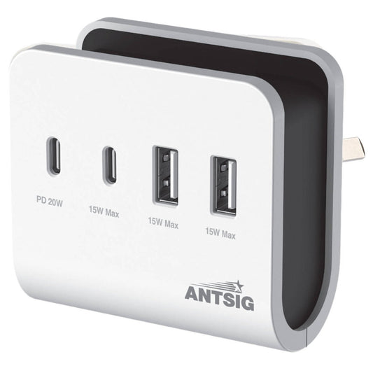 Antsig 20W 4 Port USB Wall Charger - Compact Design - Built-in Phone Holder - White