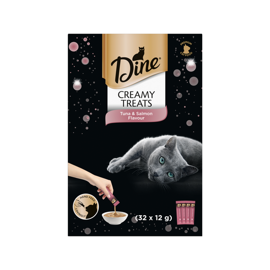 Dine Creamy Treats Tuna Salmon Flavour Cat Treats 12g - 32 Sachets - Hand-Squeezable