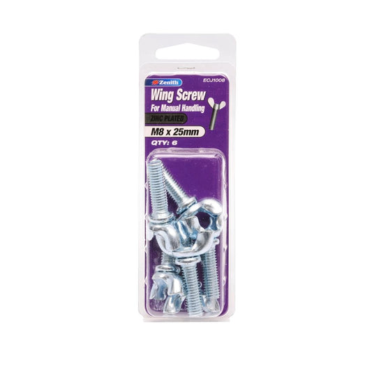 Zenith Zinc Plated Wing Screw 6 Pack - M8 x 25mm - Silver - Auzzistore