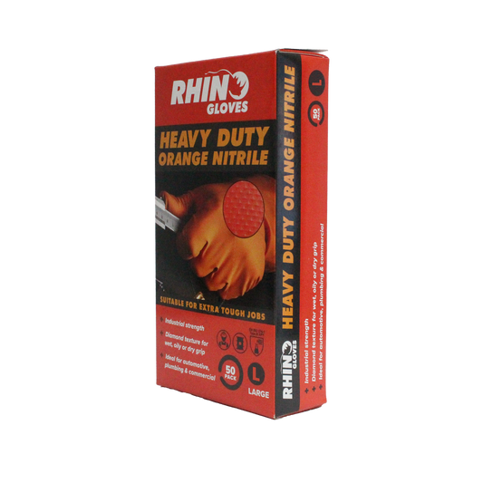 Rhino Large Nitrile Disposable Gloves - 50 Pack - Orange - Heavy Duty - Puncture Resistant - Enhanced Grip