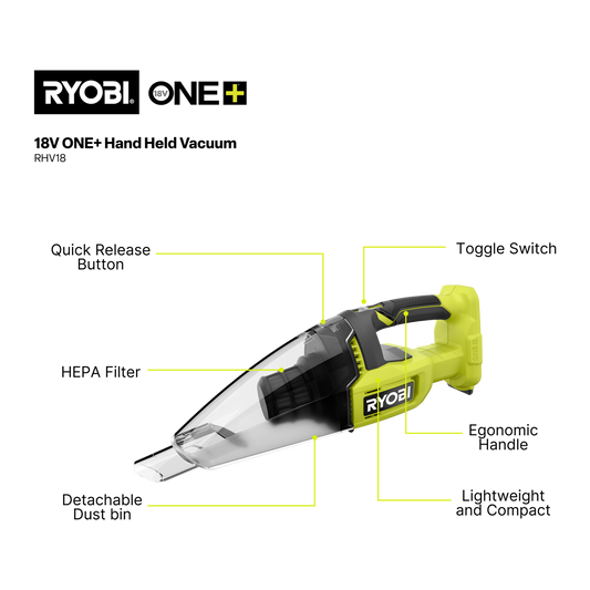 Ryobi 18V One Hand Vacuum Tool Only - 600ml Dust Bin - HEPA Filter - 6.5kpa Suction