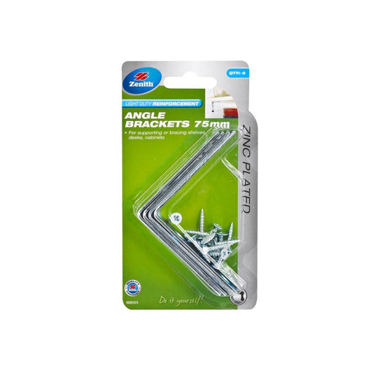 Zenith Angle Brackets 75mm Zinc Plated Steel 4 Pack Corrosion Resistant